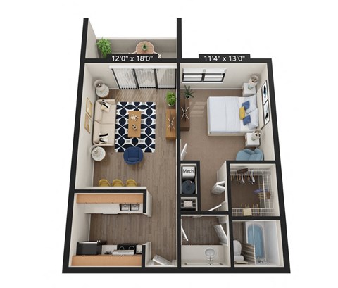 Floor plan for 1 bed, 1 bath, 600 sqft